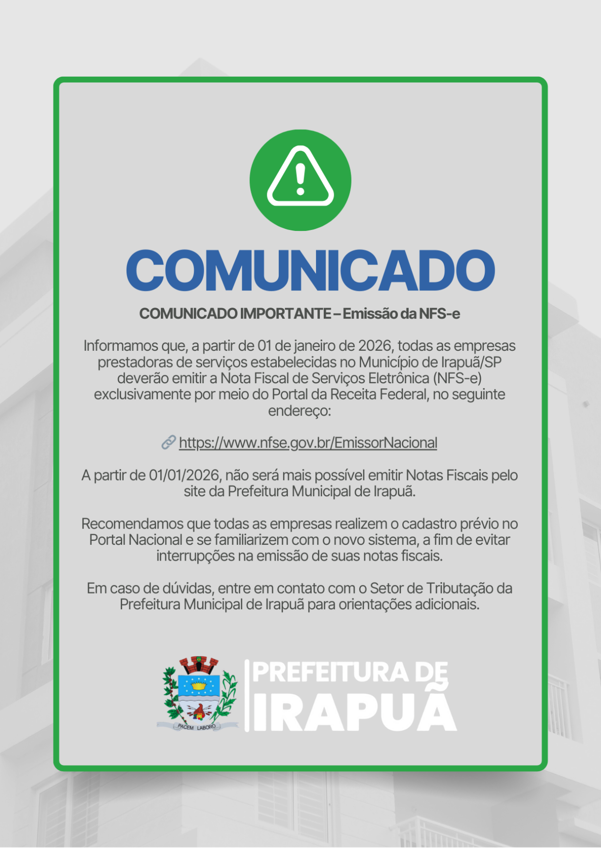COMUNICADO IMPORTANTE – Emissão da NFS-e